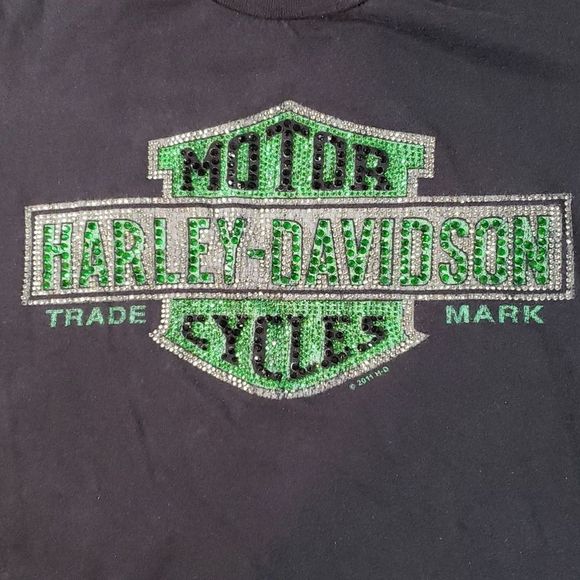 Harley-Davidson Women's Bling Rhinestone Black Green Shirt Mischlers‎ Size Small - Picture 1 of 6